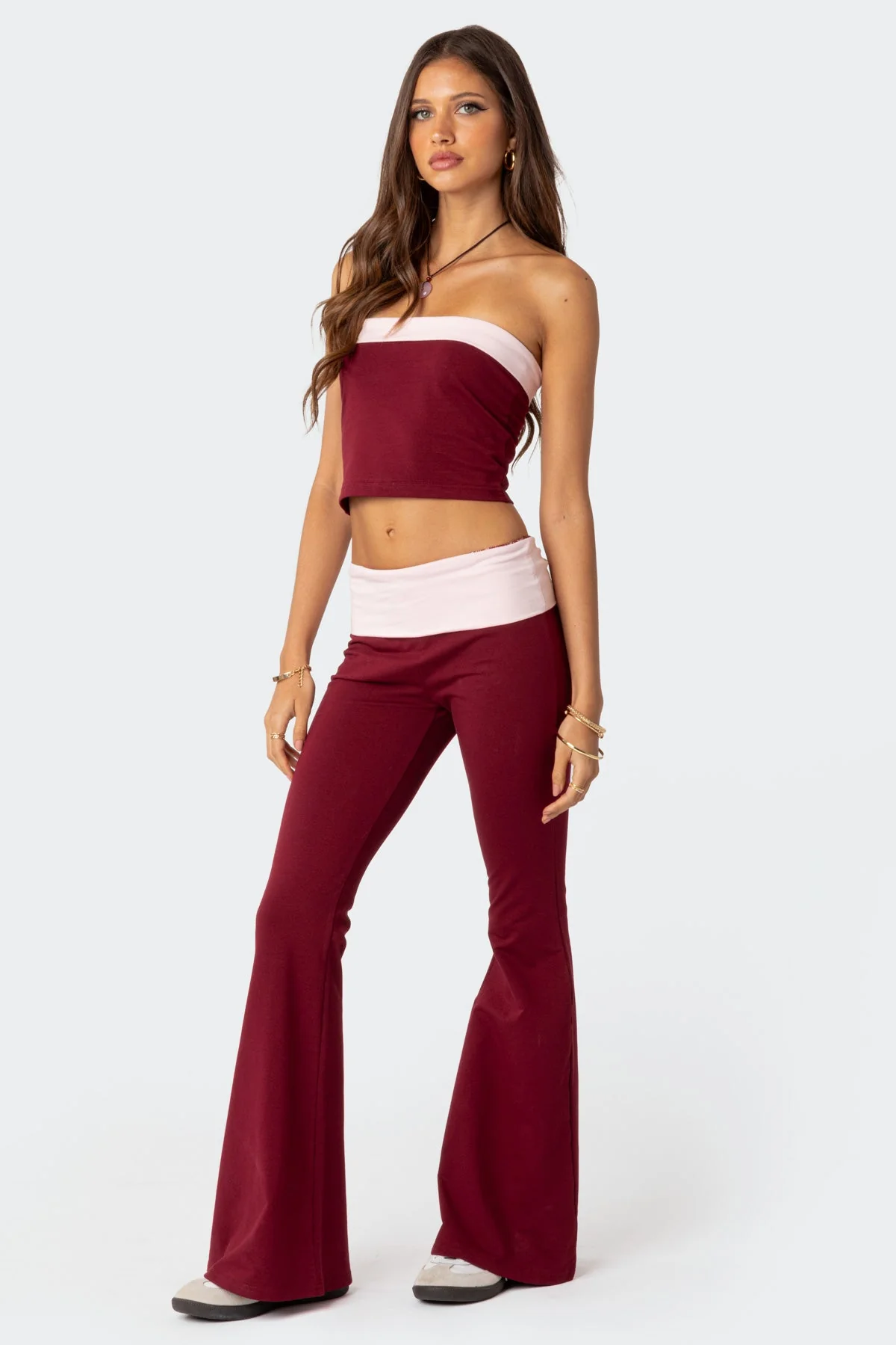 Contrast Fold Over Flared Leggings - Image 2