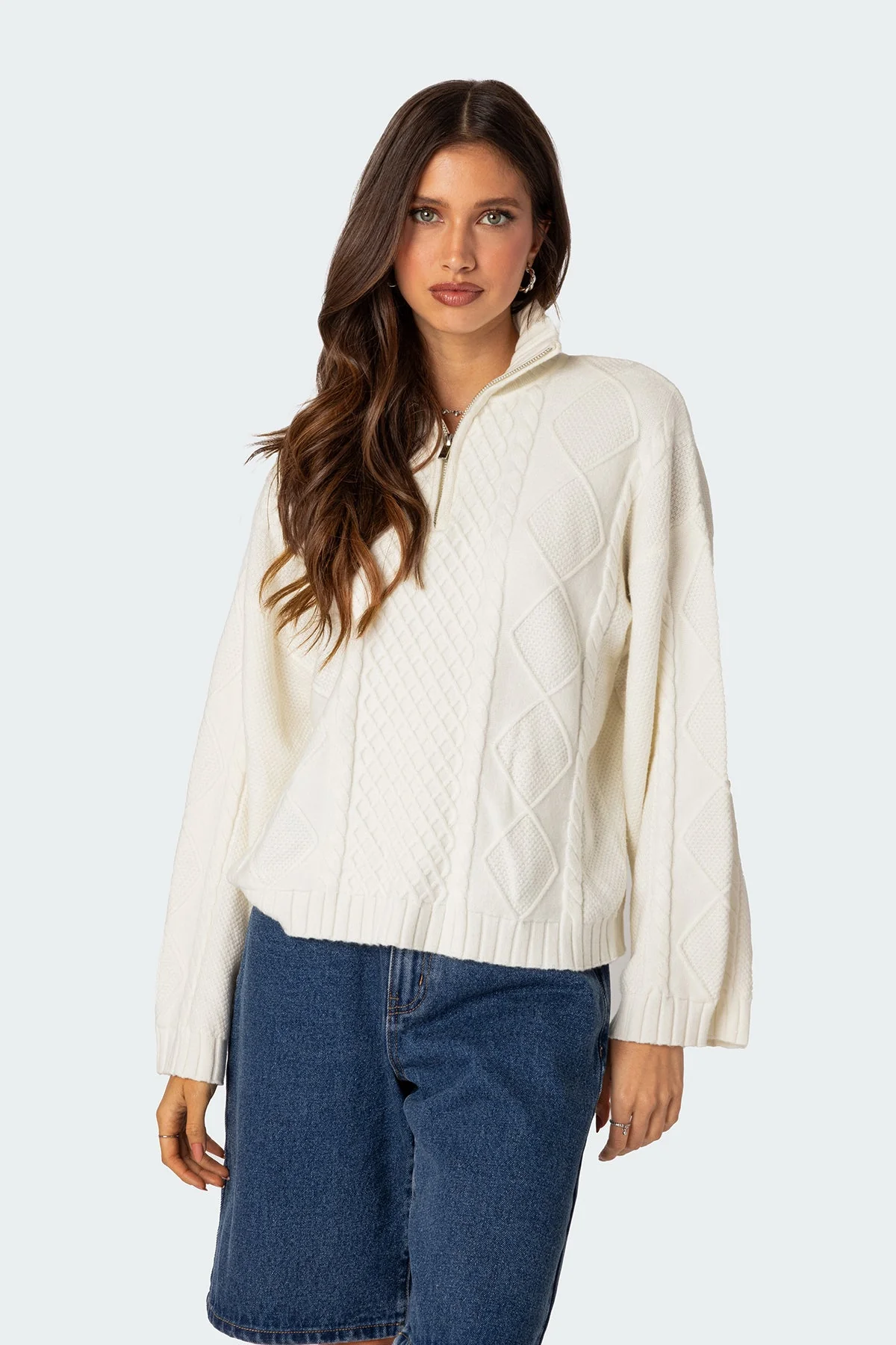 Oversized Quarter Zip Cable Knit Sweater - Image 3