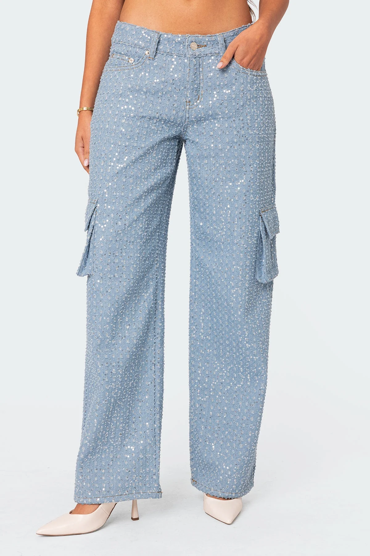 Icing Sequin Low Rise Baggy Cargo Jeans - Image 2