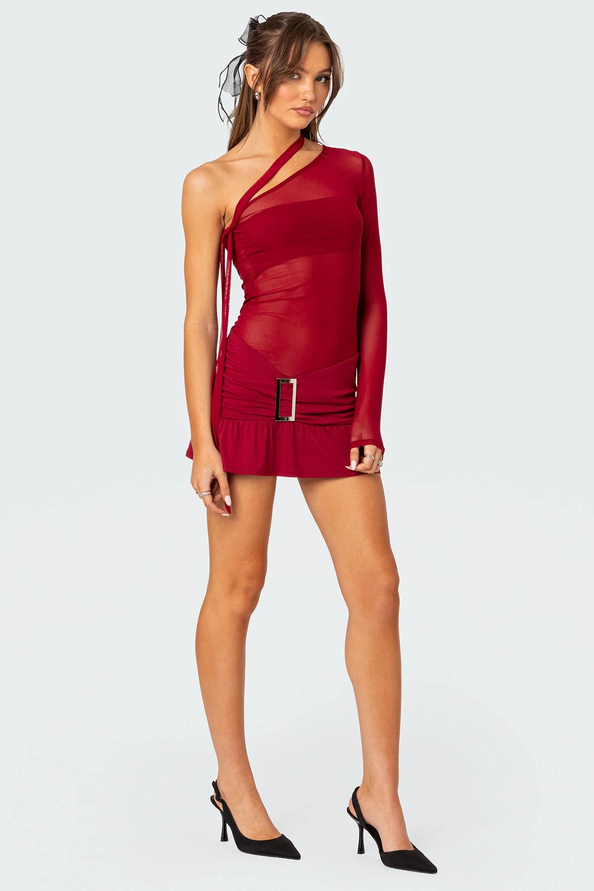 One Shoulder Sheer Mesh Mini Dress - Image 5