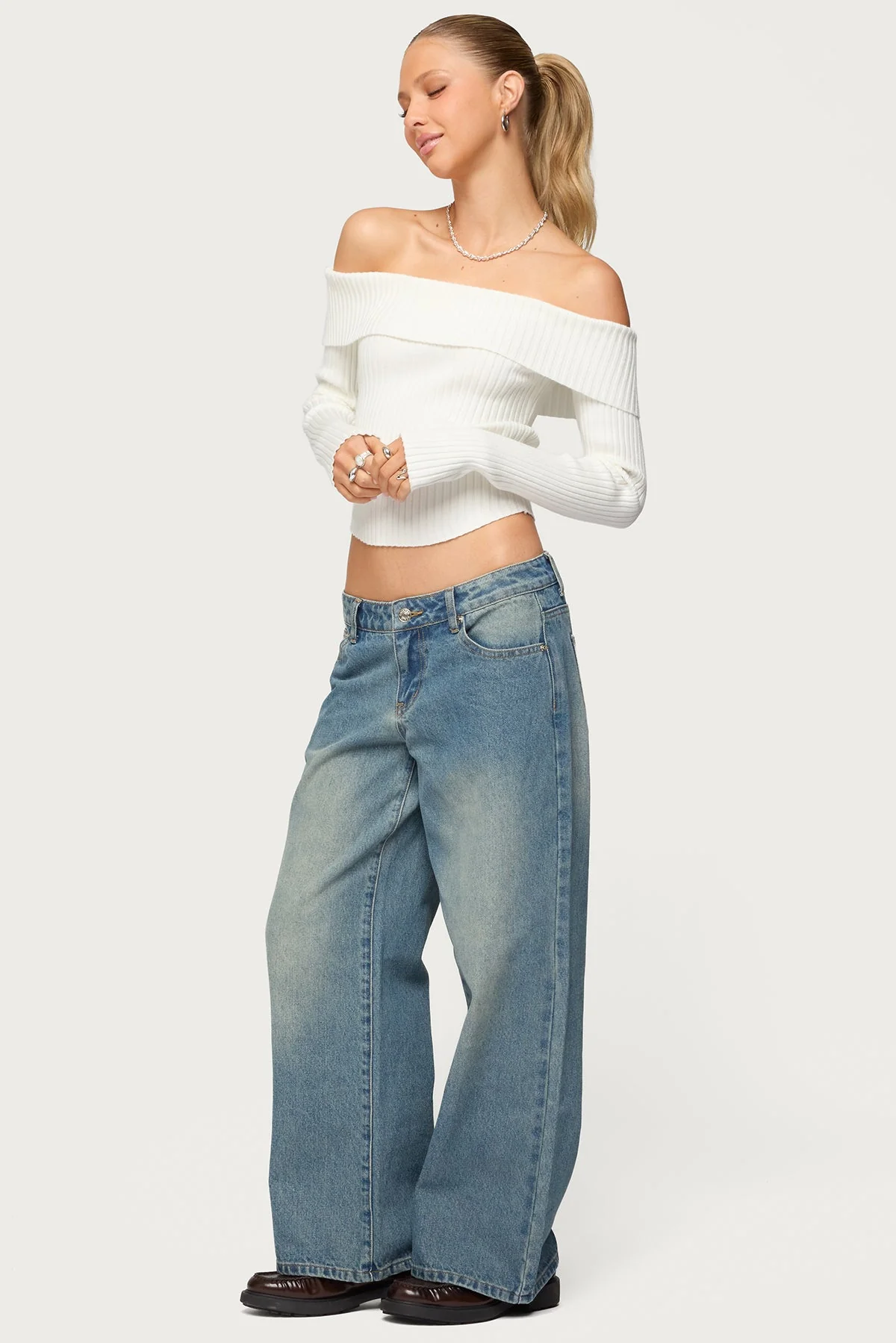 Petite Magda Acid Wash Low Rise Baggy Jeans - Image 3