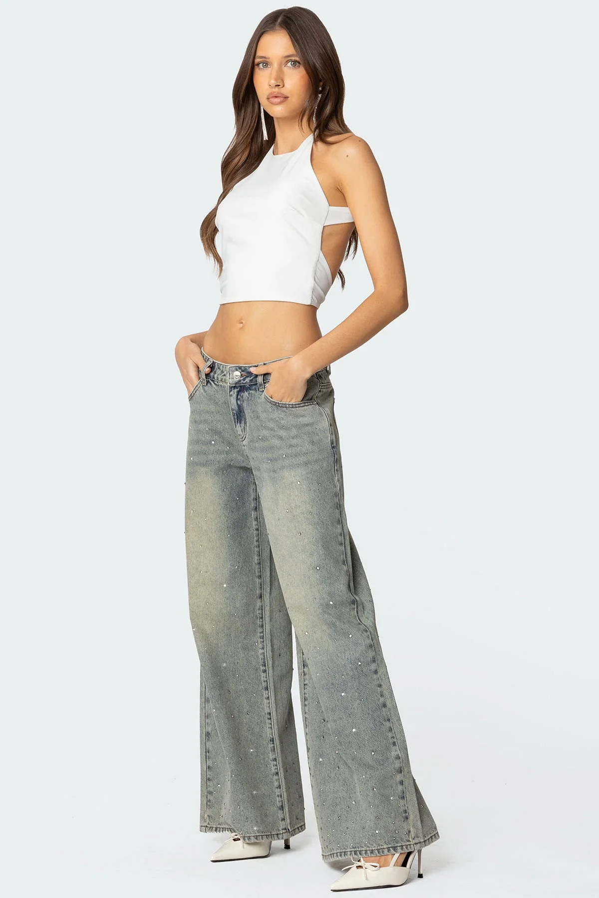 Rhinestone Washed Low Rise Baggy Jeans - Image 4