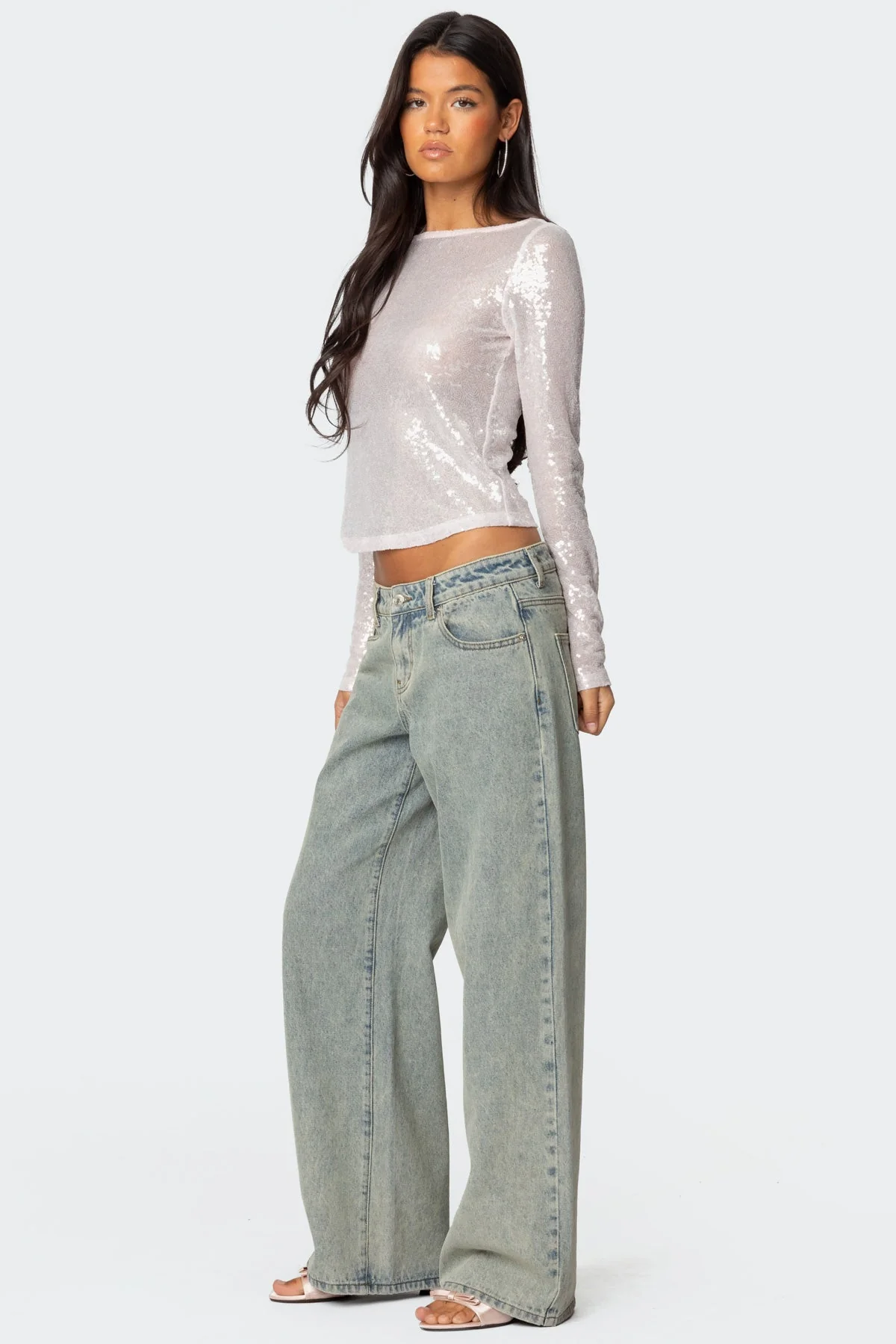 Sheer Sequin Boat Neck Top - Image 3