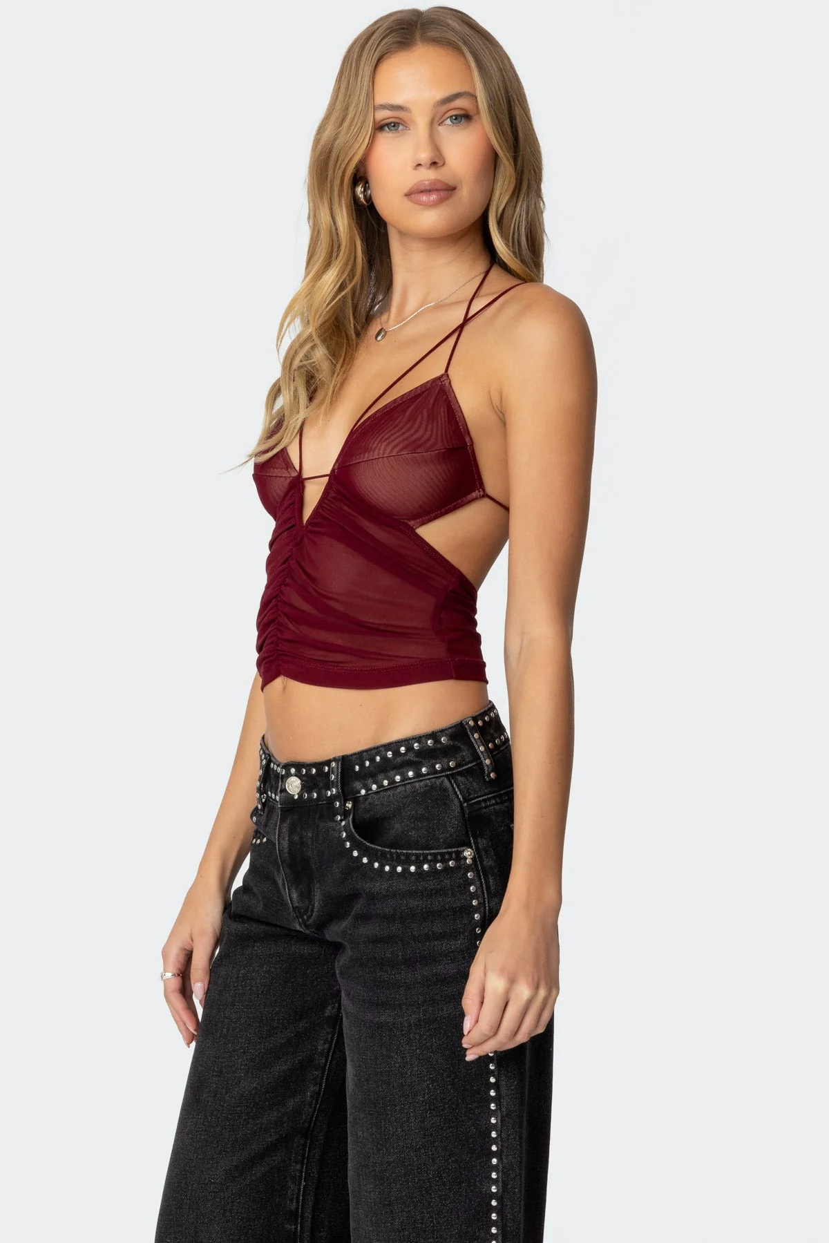 Strappy Ruched Mesh Top - Image 3