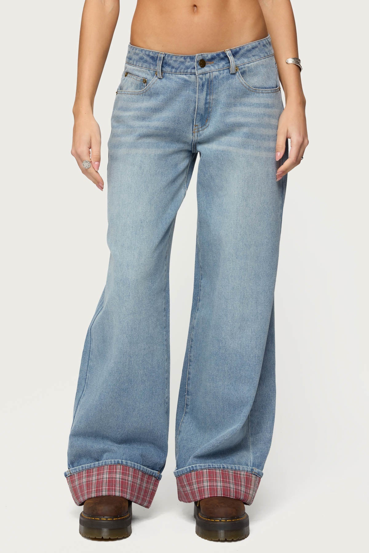 Plaid Cuffed Low Rise Baggy Jeans - Image 2