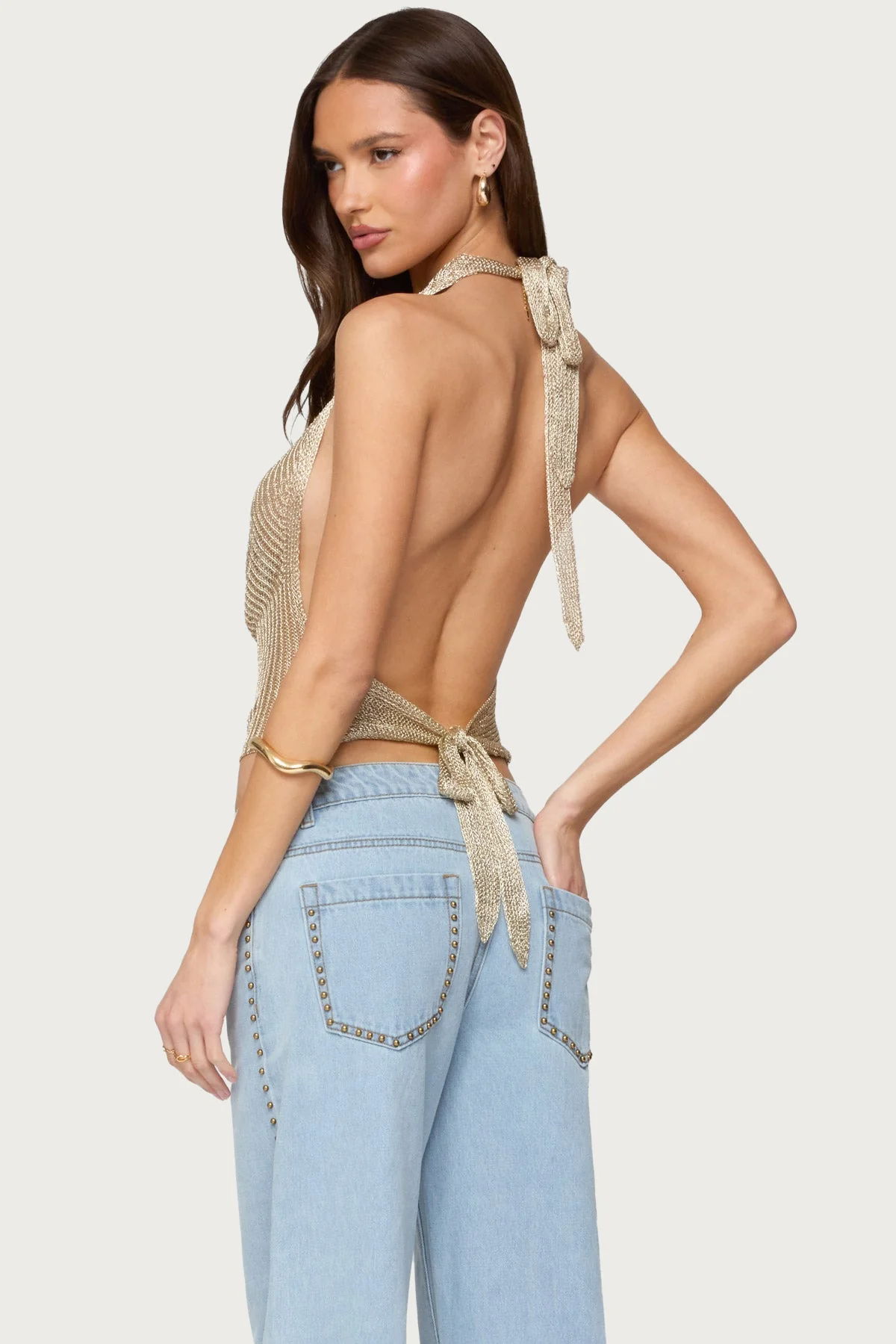 Shiny Knit Cowl Neck Backless Top - Image 5