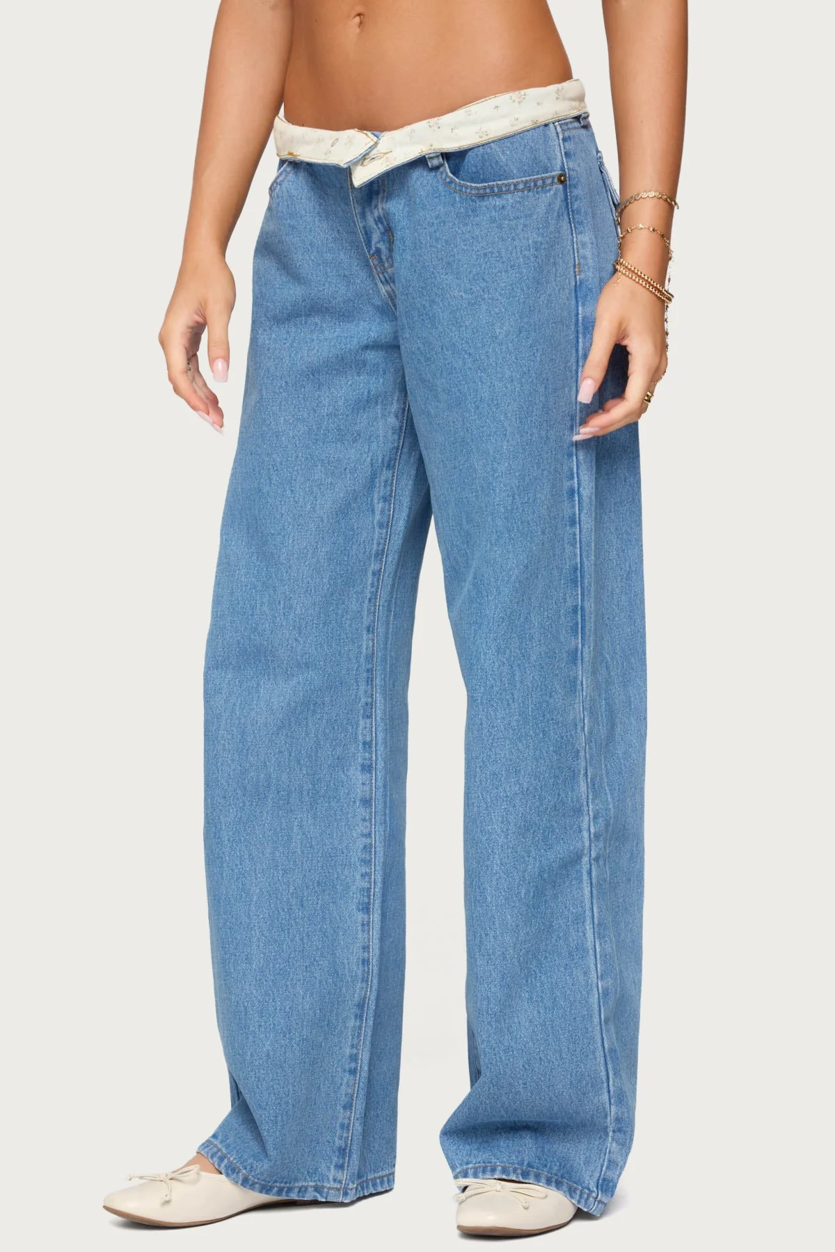 Floral Foldover Low Rise Baggy Jeans - Image 3