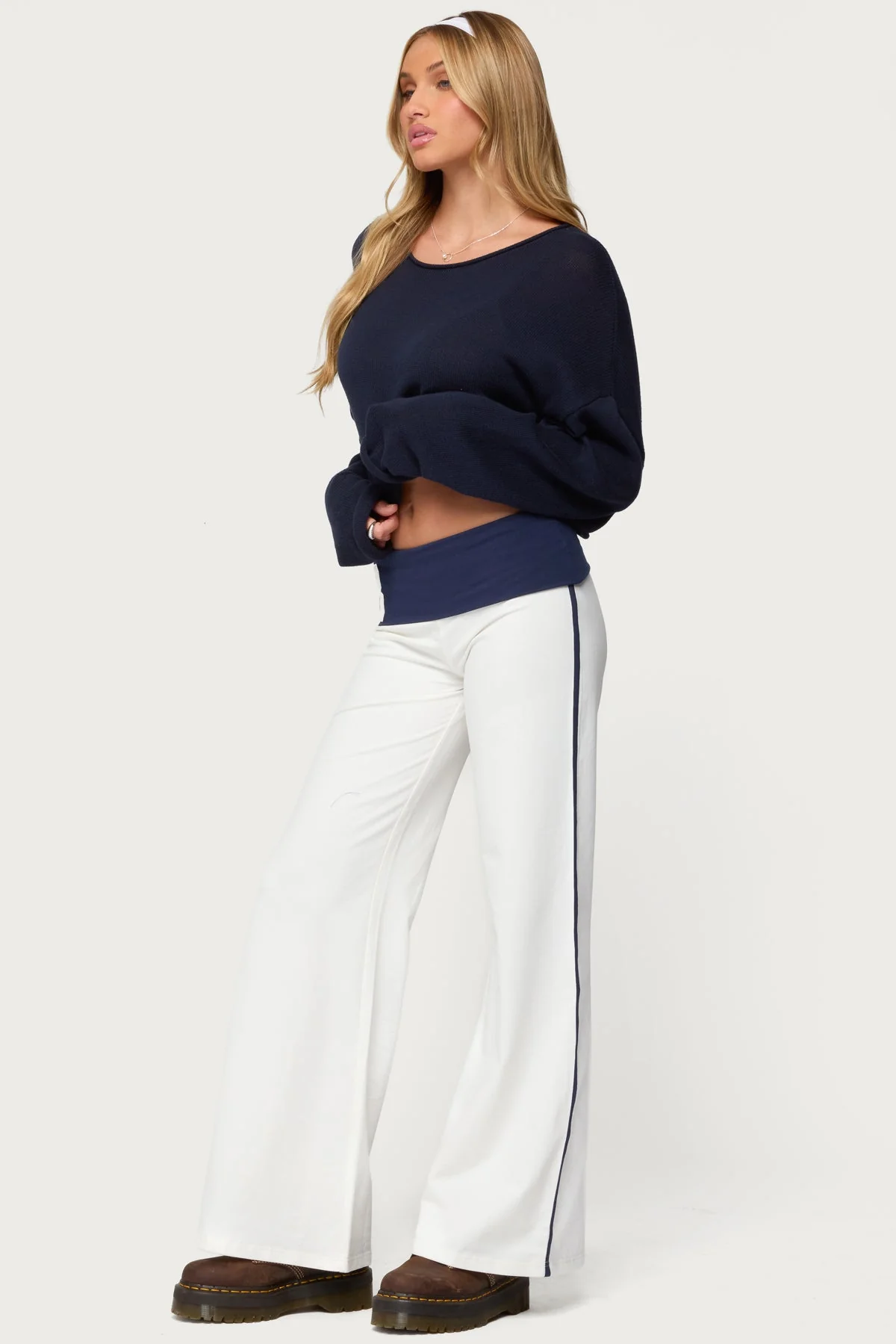 8 Contrast Fold Over Wide Leg Trousers - Image 3