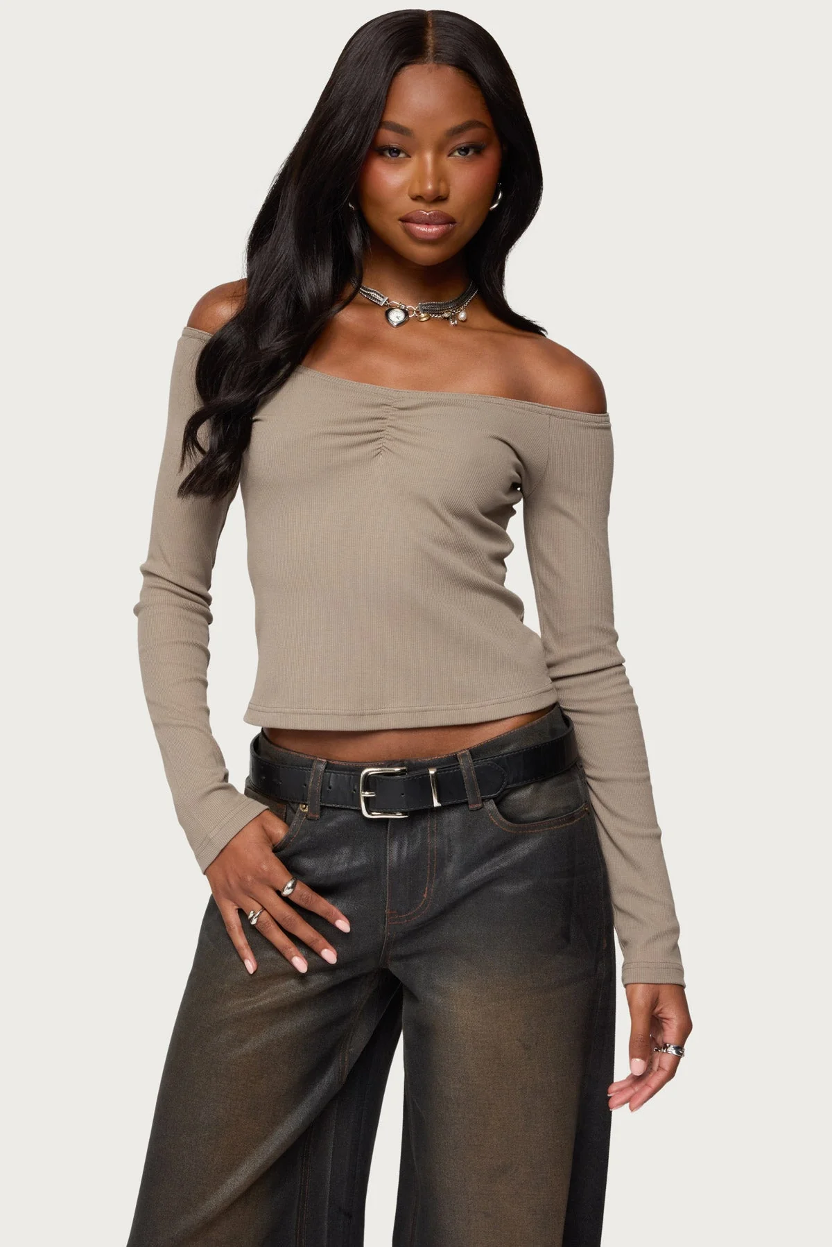 Cambria Ribbed Off Shoulder Top
