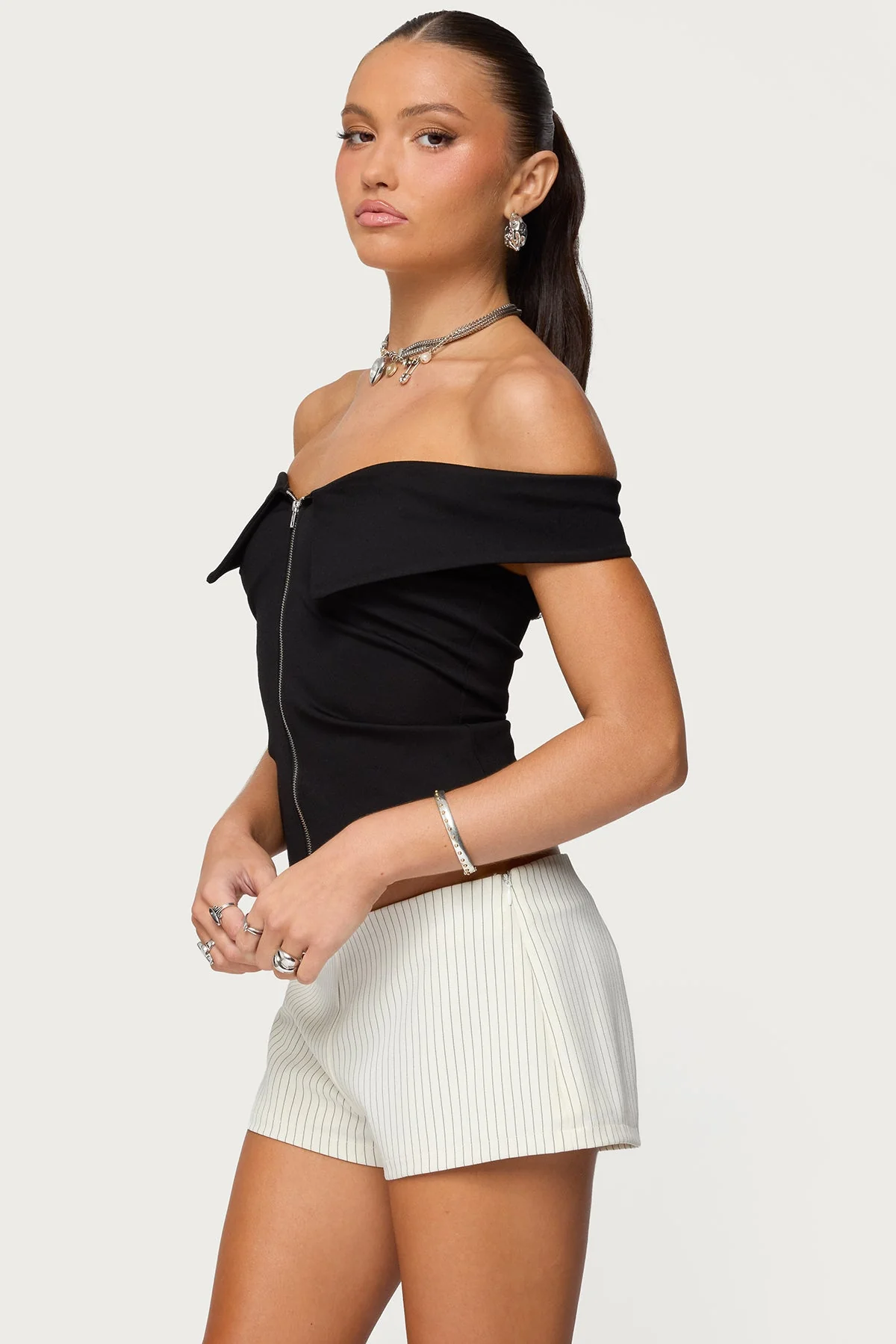 Collared Off Shoulder Zip Up Top - Image 3