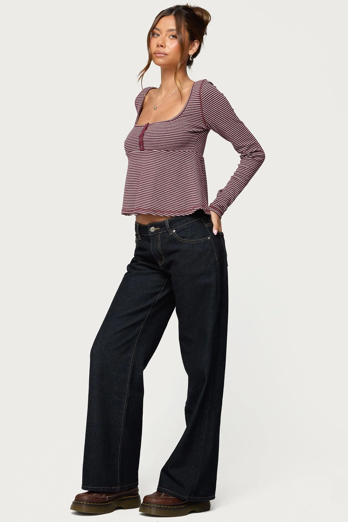 Sare Striped Babydoll Henley Top - Image 4