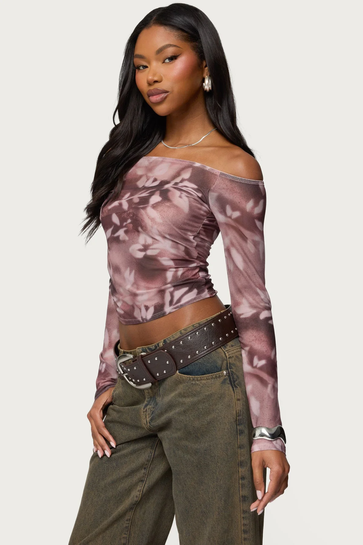 Off Shoulder Printed Sheer Mesh Top - Image 3