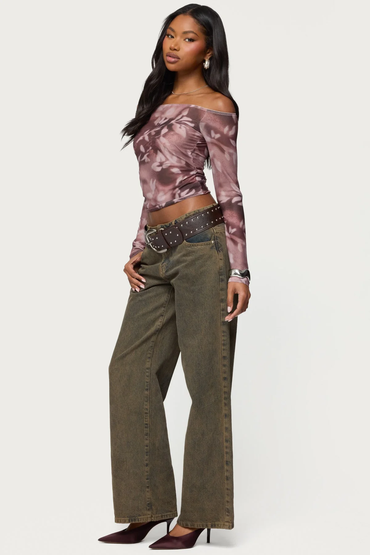 Off Shoulder Printed Sheer Mesh Top - Image 4
