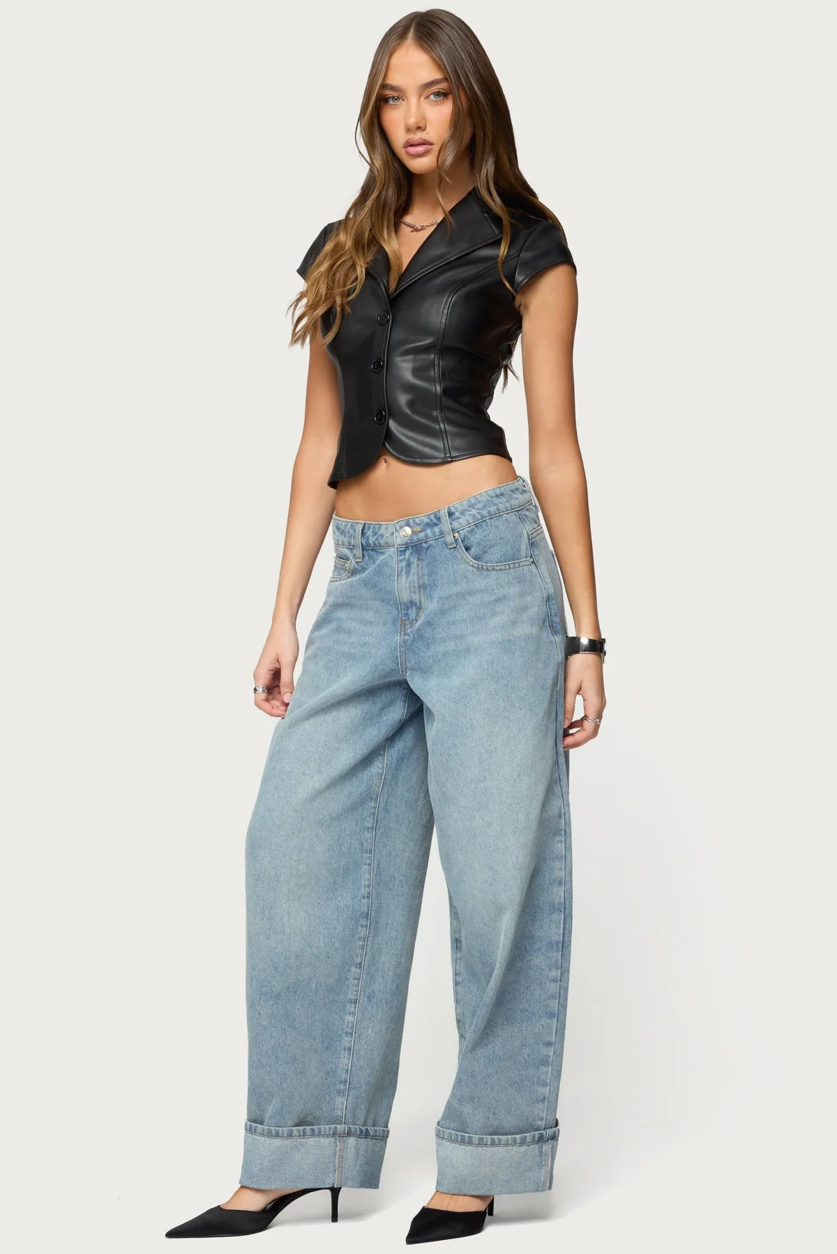 Faux Leather Tailored Button Up Top - Image 4