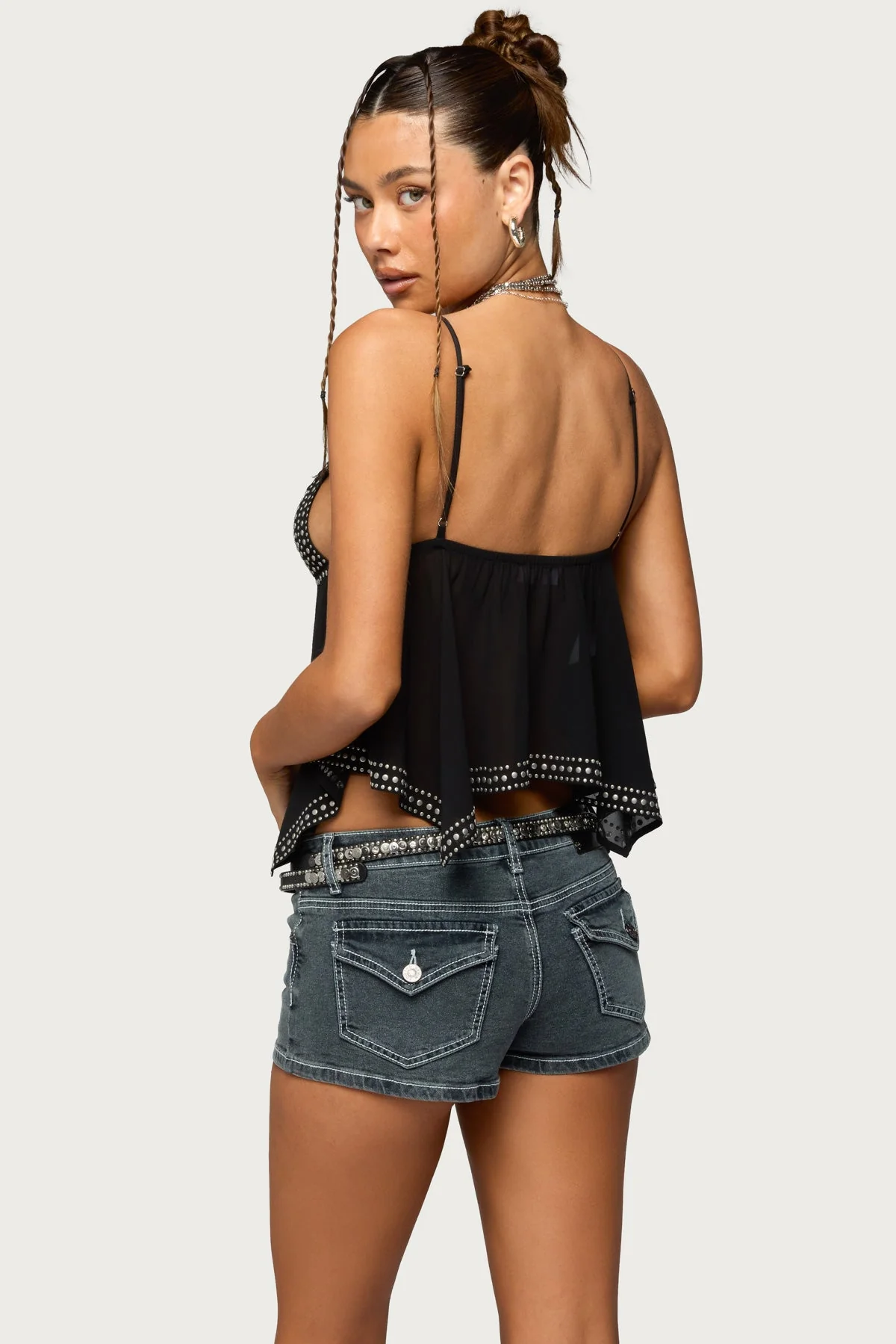 Studded Asymmetric Sheer Babydoll Top - Image 4