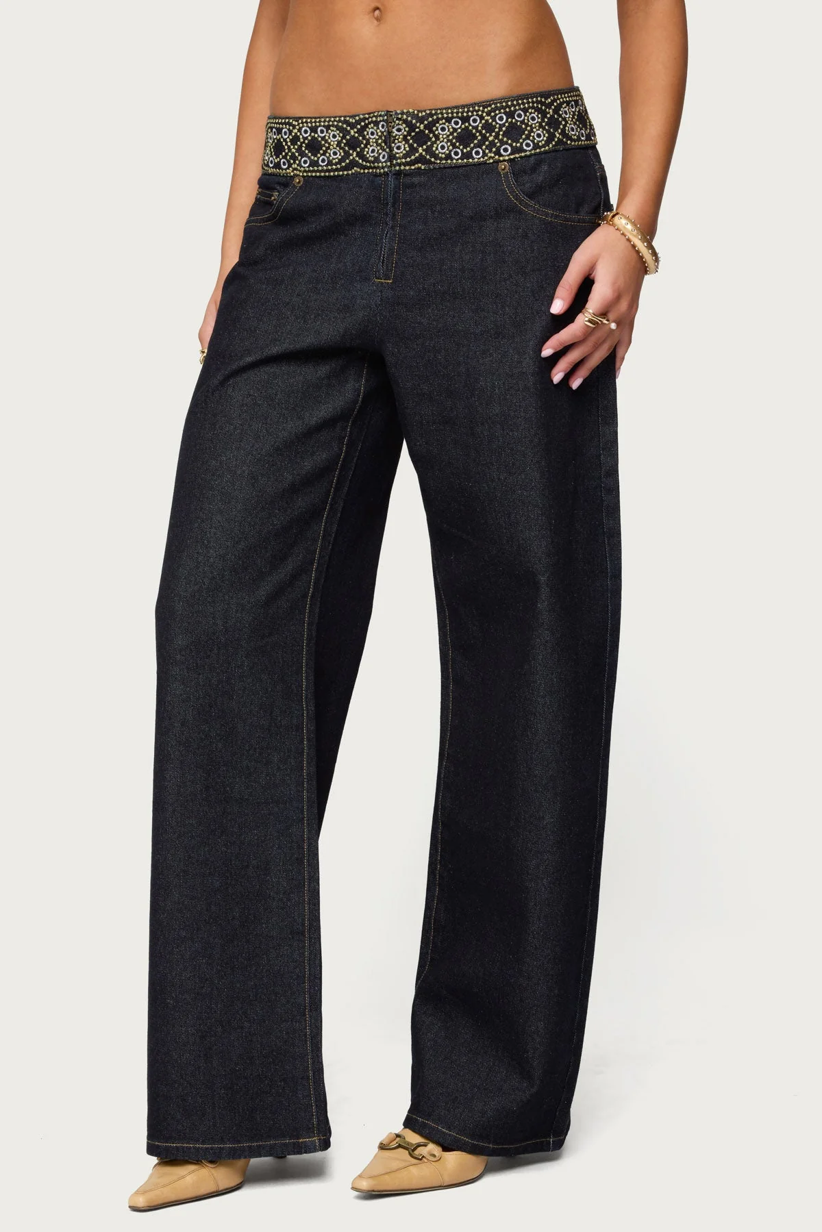 Carlie Embroidered Low Rise Wide Leg Jeans - Image 5