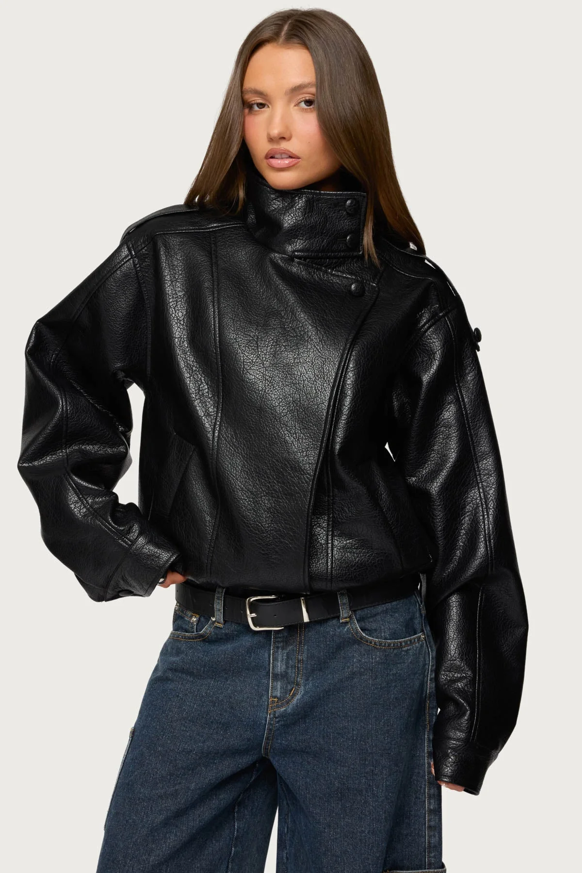 Jaicee High Neck Oversized Faux Leather Jacket - Image 2